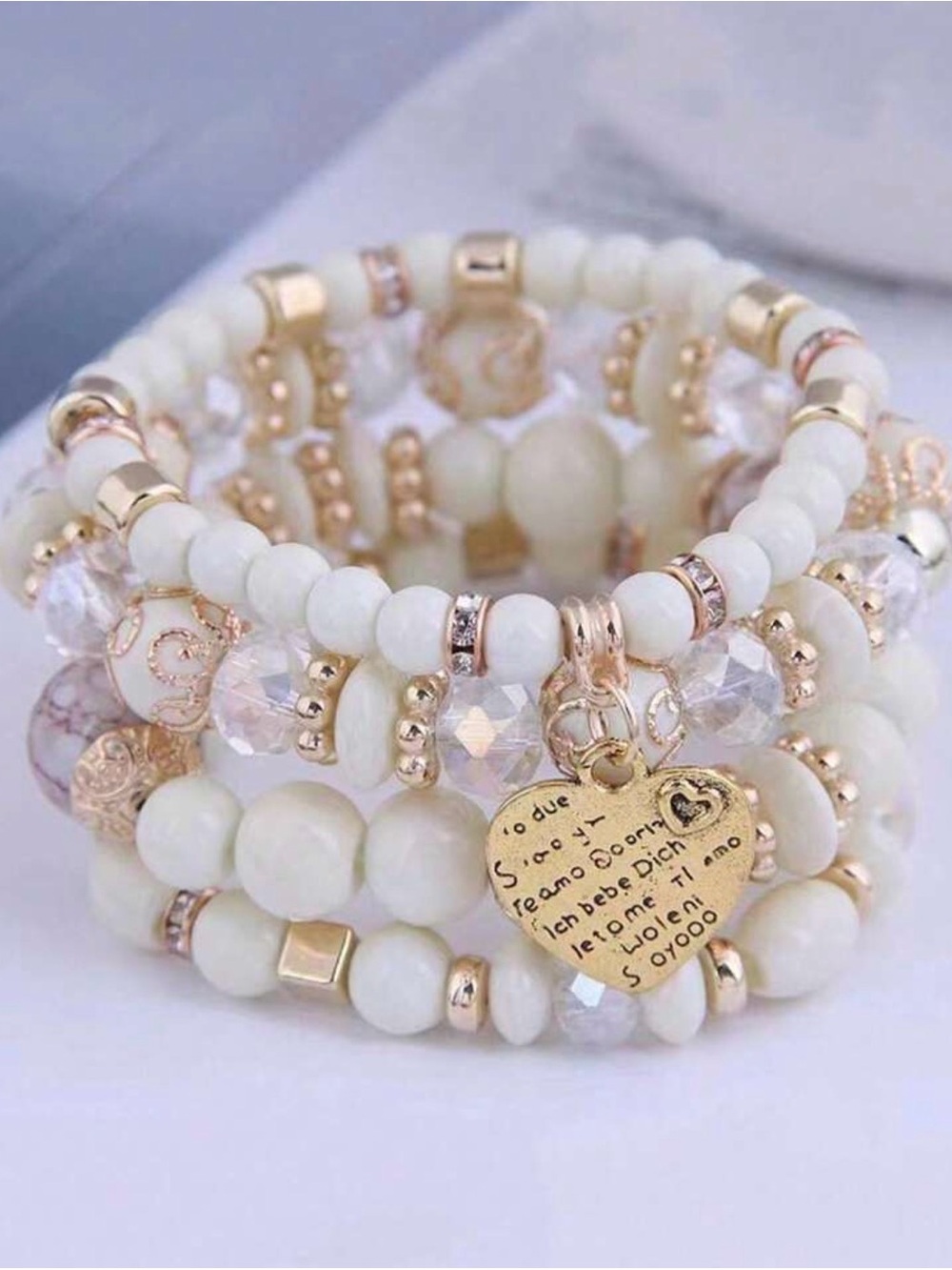 Set of 4 White and Gold Beaded Heart Charm Bracelet Set
